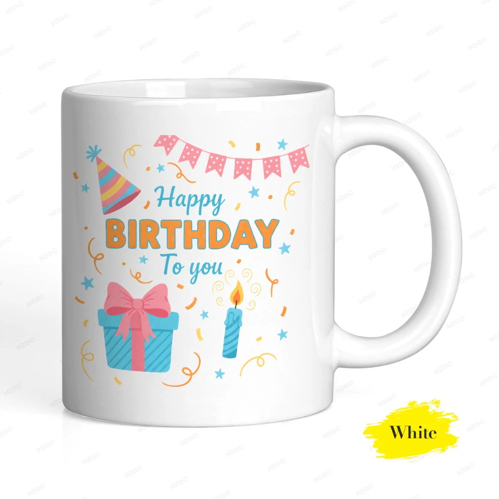 Taza de café de cerámica con estampado colorido para fiesta de cumpleaños, con caja de regalo festiva, vela y sombrero. Estilo minimalista y estético. Taza de regalo de cumpleaños asequible. - Blanco - Ver 1