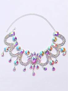 Multi-Layer Asymmetrical Rhinestone Necklace, Bridal Wedding Jewelry Necklace Accessory - Multicolor - View 3
