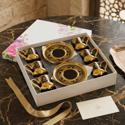 1 Set/6 Sets Luxury Gold-Plated Arabic Style Ceramic Coffee Cup And Saucer Set 90ml/3.04oz, Espresso Cup, Matcha Cup, Couple Cup, Juice Cup, Suitable For Cappuccino, Latte, Mocha, Tea Cup, Turkish Coffee Cup, Cafe, Restaurant, Graduation Season Souvenir, Birthday Gift, Tableware Set, Hospitality, Summer