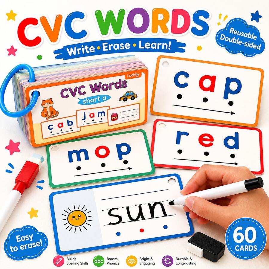 60pcs CVC Word Dry Erase Flash Cards, Reusable Phonics Learning Cards With Marker, Early Reading And Writing Practice Educational Toy For Kids - 彩色 - 查看 1