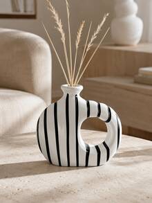Jarrón de resina con diseño de donut hueco a rayas negras y blancas, estilo nórdico minimalista moderno, diseño asimétrico con agujero redondo hueco, contenedor de doble uso para flores secas y botella difusora de aromaterapia, 2 tamaños, adecuado para decoración de sala de estar y regalo de inauguración de casa - Frasco de aromaterapia a rayas blancas y negras - Ver 6