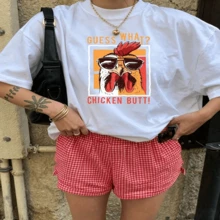 Cute Daily Casual Graphic T-Shirt 100% Cotton Oversized Soft Breathable Casual Crewneck Short Sleeve Top Red Checkered Shorts Street Style Fashion Lovers Casual Wearers Daily Outfit Enthusiasts Gift Givers - 白色 - 查看 18