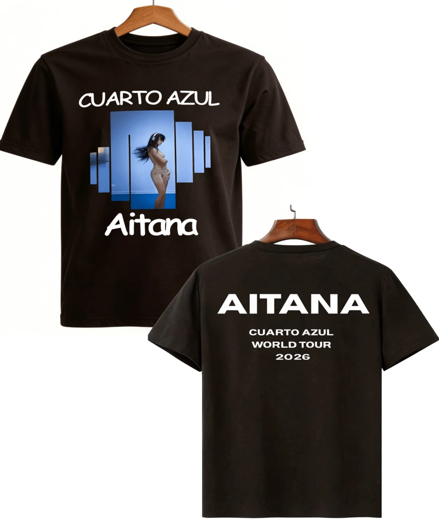 Aitanaa T-Shirt 100% Cotton Double-Sided Print: Front Portrait Of The Artist Framed By Blue Blocks With Inscription "Cuarto Azul", World Tour 2026, Official Tee Of Spanish Pop Tour. - 黑色 - 查看 1