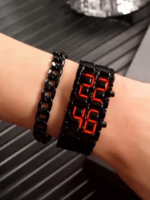 2pcs/Set Fashion New Business Men's Stainless Steel Strap LED Electronic Watch Suitable For Daily Decoration - Black - View 10