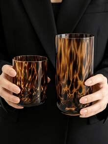 1pc Vintage Amber Leopard Print Glass Cup, Creative Handhold Cup For Specialty Drinks, Retro Wild Leopard Print Beverage Cup, Suitable For Home, Restaurant, Cafe, Dessert Shop, Gift, Party - Amber - View 10