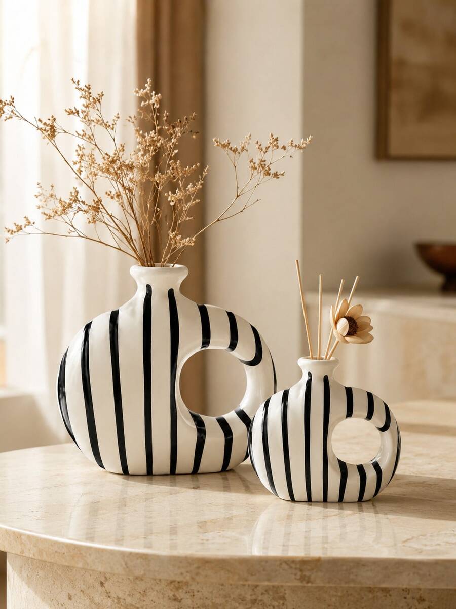 Jarrón de resina con diseño de donut hueco a rayas negras y blancas, estilo nórdico minimalista moderno, diseño asimétrico con agujero redondo hueco, contenedor de doble uso para flores secas y botella difusora de aromaterapia, 2 tamaños, adecuado para decoración de sala de estar y regalo de inauguración de casa - Frasco de aromaterapia a rayas blancas y negras - Ver 1