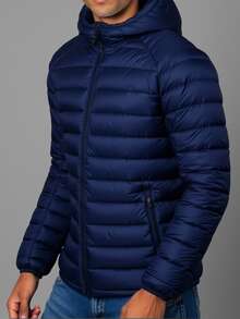 Men's Padded Bomber Jacket, Model B, With Hood And Zippered Pockets - Navy Blue - View 4