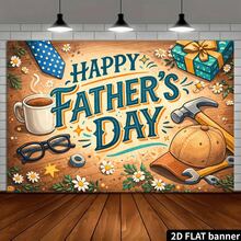 2D Flat Father's Day Cartoon Tool Hat Backdrop, Featuring A Hand-Drawn Cartoon Style With Blue-Green Gradient Font, Blue Polka-Dot Tie, And Workwear Elements, Paired With A Coffee Cup, Glasses, Hammer, Hat, And Gift Box. Made Of Durable Material - 彩色 - 查看 3