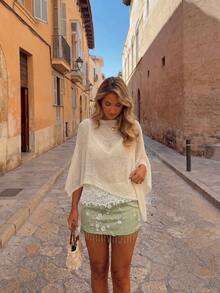 New Spring/Summer Women's Beige Loose Lightweight Sun Protection Cape Sleeve Knit Top, Suitable For Outings, Dates, Beach - Light Apricot - View 4