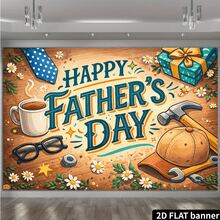 2D Flat Father's Day Cartoon Tool Hat Backdrop, Featuring A Hand-Drawn Cartoon Style With Blue-Green Gradient Font, Blue Polka-Dot Tie, And Workwear Elements, Paired With A Coffee Cup, Glasses, Hammer, Hat, And Gift Box. Made Of Durable Material - 彩色 - 查看 2