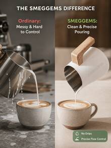 SMEGGEMS 350ML Milk Frothing Pitcher, Japanese Zen Style Wooden Handle Espresso Pot, Dual ML/OZ Scale Inside, Stainless Steel Pointed Spout Latte Art Milk Cup, Suitable For Baristas - White - View 9