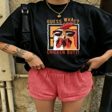 Cute Daily Casual Graphic T-Shirt 100% Cotton Oversized Soft Breathable Casual Crewneck Short Sleeve Top Red Checkered Shorts Street Style Fashion Lovers Casual Wearers Daily Outfit Enthusiasts Gift Givers - 黑色 - 查看 18