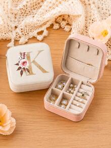 Initial Floral Letter PU Jewelry Box, Portable Travel Mini Ring Earring Pendant Storage Organizer Case, Personalized Monogram Gift Box For Women Birthday Holiday Presents - White - View 5