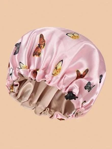 1pc Elastic Satin Bonnet With Butterfly Print, High Elasticity Hair Protection Sleep Cap, Wide Brim Fashionable Sleeping Hat - Pink Butterfly + Gold - View 4