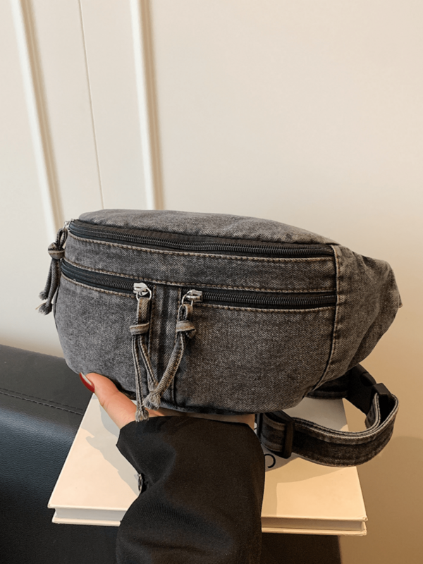 Vintage Washed Denim Multi-Zipper Pocket Chest Bag, Adjustable Shoulder Strap Casual Crossbody Waist Bag, Lightweight Daily Commute Outdoor Sports Carry Bag