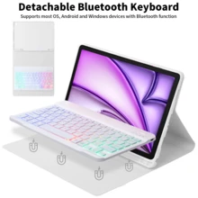 适用于三星 Galaxy Tab / Pad SE 的可拆卸彩色背光蓝牙键盘保护套，超薄轻巧支架式保护套，带笔槽（不含 Apple Pencil），平板电脑保护套 - 淺灰色 - 查看 2