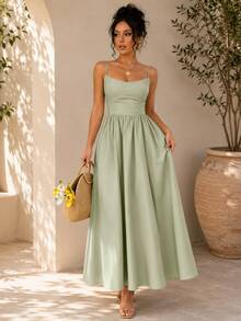 New Spring/Summer Fashion Minimalist Elegant Daily & Vacation Style Adjustable Strap Dress, Regular Sizes For Women - Green - View 2