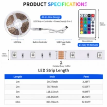 1-10m RGB LED 燈條 5050，24鍵紅外線遙控 USB 供電 自黏可裁剪 電視背光 家用臥室櫥櫃節日裝飾燈 - 24K-5050RGB - 查看 3