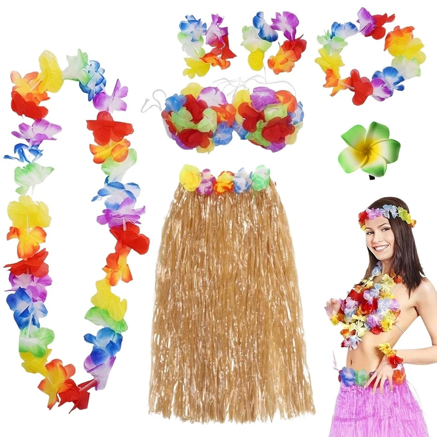 7 Sets Hawaiian Party Costume, Includes Grass Skirt Set, Necklace, Bracelet, Headband, Floral Bra, Perfect For Beach Party Decor And Easter Cheerleading Performance - Multicolor - View 1