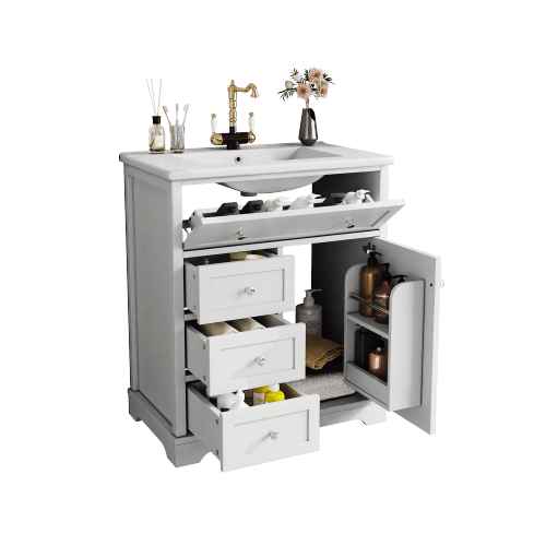 Freestanding Bathroom Vanity Unit 76 X 46 X 87 Cm With Integrated Basin, Moisture-Resistant Paint Finish, Soft-Close Drawer Runners, Door Frame, Drop-Down Drawer, Ceramic Basin, White