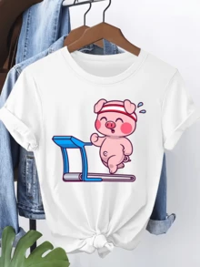 Pink Pig Exercising On A Treadmill With A Cheerful Expression That Conveys Positive Energy, Fun Modern Casual Women's T-Shirt - Putih - View 8
