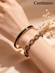 Camhanno 2pcs French Oil Drip Stainless Steel 18K Gold Plated Bracelet & Bangle Set, Multicolor Enamel Options, Hypoallergenic & Non-Fading, Niche Luxury Layered Design, Versatile Women's Jewelry For Daily Commute And Dating - Gold 3 - View 2