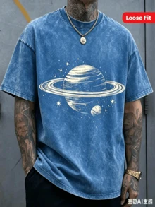 Men's Dark Gray Saturn And Star Print T-Shirt - Soft Stretch Knit Fabric, Space-Themed Crew Neck Short Sleeve,  Street Style Versatile - 藍色 - 查看 6