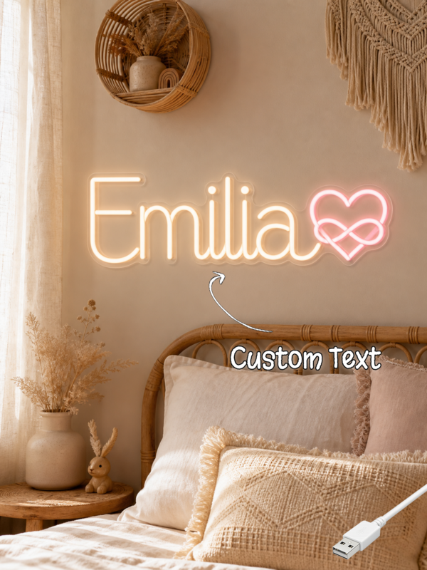 Custom Name Infinity Heart Neon Sign, Personalized USB LED Wall Neon, Princess Girls Nursery Wall Decor, Ideal Baby Shower & Newborn Birthday Gift