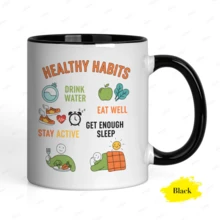 Ceramic Coffee Mug With A Healthy Habits Print To Promote Well-Being In Your Daily Routine. An Affordable Birthday Gift Mug With A Minimalist And Aesthetic Design. - Black - View 1