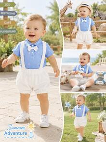 H HIBOBI 2pcs/Set Toddler Boys Navy Style Gentleman Casual Short Sleeve T-Shirt And Bib Shorts Set, Spring/Summer - Baby Blue - View 11