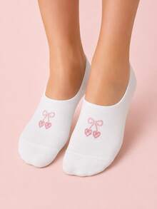 5 Pairs Random (Non-Embroidered) White Bow Cherry Preppy Boat Socks, Breathable & Comfortable, Suitable For All Seasons, Random Colors - Multicolor - View 3