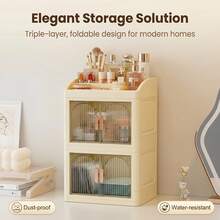 2/3 Layer Cream Style Cosmetic Storage Organizer, Foldable No Assembly Dustproof Waterproof With Lid Makeup Cabinet, For Vanity Bathroom Desk Kitchen Room, Ideal For Makeup Lovers College Students, Perfect Holiday Gift - Apricot 3 Layers - View 7