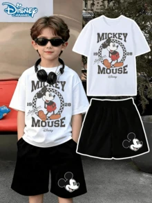 Disney Mickey Mouse Vintage 1928 Checkered Ring Print Kids 2-14Y Unisex Tee & Shorts Set Summer Holiday Casual Outfit Express Delivery - White Shirt and Black Pants - View 1