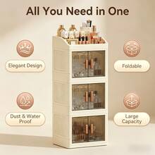2/3 Layer Cream Style Cosmetic Storage Organizer, Foldable No Assembly Dustproof Waterproof With Lid Makeup Cabinet, For Vanity Bathroom Desk Kitchen Room, Ideal For Makeup Lovers College Students, Perfect Holiday Gift - Apricot 3 Layers - View 3