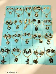 6/12/18/24pcs Black Stainless Steel Earrings And Necklace Set, Decorated With Geometric, Heart And Floral Patterns, Inspired By Middle Eastern Dubai Style, Exuding A Charming Modern Vibe. This Jewelry Set Is Suitable As A Wedding Gift, Party Decoration, New Year Gift Or Seasonal Fashion Accessory. (Randomly Shipped) - Multicolor - View 9
