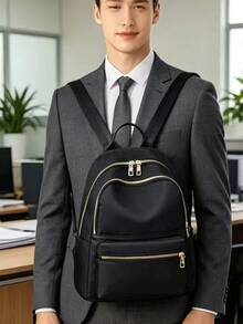 Mochila de moda para hombre de tela de nailon de unicolor, versátil, de gran capacidad, casual, para ir al trabajo y para estudiantes - Negro - Ver 4