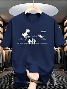 Women's Cotton T-Shirt, Pixelated Dinosaur Print On A Bicycle, Retro Gamer Style, Ideal For Vintage Video Game Lovers - 藏蓝色 - 查看 10