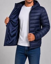 Men's Padded Bomber Jacket, Model B, With Hood And Zippered Pockets - Navy Blue - View 6