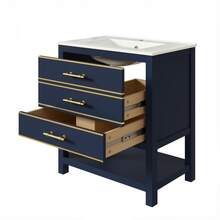 White Vanity Unit With Ceramic Basin – Freestanding Bathroom Unit With 2 Drawers And An Open Compartment, High-Quality Lacquered MDF Panel, Gold Handles, Without Tap Or Drain - Royal Blue - View 7