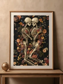 1pc, Canvas Wall Art, Framed Wall Decor, Gothic Romantic Floral Skull Couple Canvas Painting, Dark Academia Style Poster, Vintage Dried Flower Skull Oil Painting, Suitable For Modern Home Decor, Room Decor, Dorm Decor, Bedroom Decor, Living Room Decor, Bathroom Decor, Kitchen Decor, Dining Room Decor, Office Decor, School Decor - A - View 1