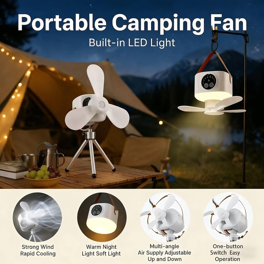 Portable USB-Powered Camping Fan With Lighting Function, Silent Operation, Tripod, Adjustable Wind Speed And Brightness, Suitable For Outdoor Tents, Bedrooms, Dormitories, And Travel, With Detachable Fan Blades - 便利式usb風扇燈 - 查看 1