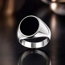 1pc Minimalist Alloy Silver Round Black Enamel Seal Ring Unisex Daily Wear - Silver - View 2