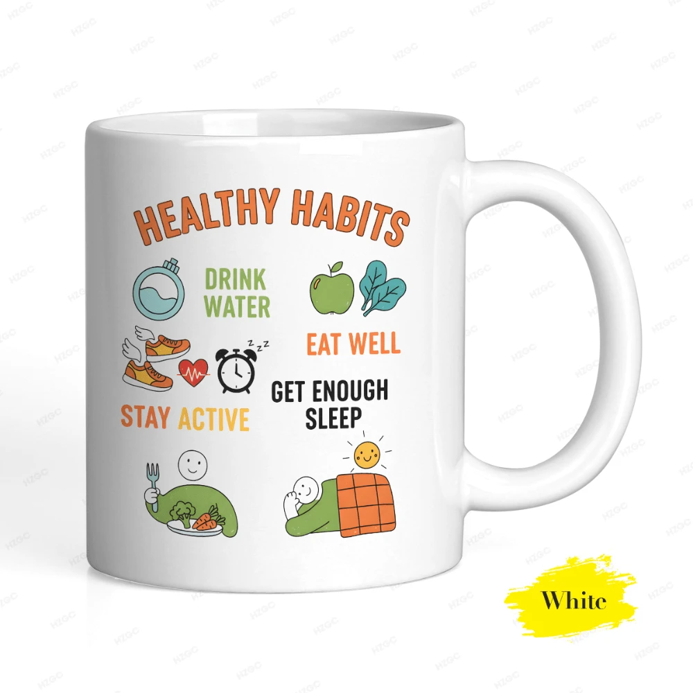 Ceramic Coffee Mug With A Healthy Habits Print To Promote Well-Being In Your Daily Routine. An Affordable Birthday Gift Mug With A Minimalist And Aesthetic Design. - 白色 - 查看 1