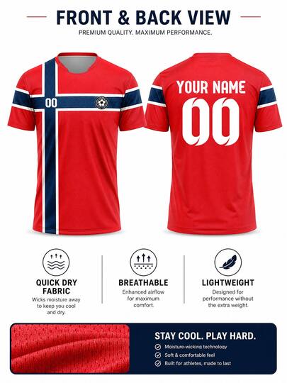 2026 Iconic Norwegian Cross Design Printed Customizable Red Football T-Shirt, Personalize Your Name Number Team Logo, Match Football Jersey, Sports Training Shirt, Quick-Dry Material Comfortable Breathable Suitable For Team Matches, Training, Sports, Casual Wear, Game Support, Holiday Gifts, Spring Summer Season Fashion Forward