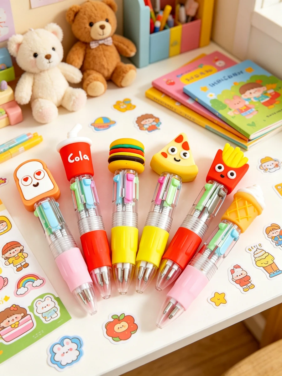 5/10pcs Mini Cartoon 4-Color Ballpoint Pens, Astronaut, Cat Paw, Food, Cactus Cute Designs, 4 Colors In One Pen, Perfect For Elementary Students' Bullet Journaling, Marking, Correcting Mistakes, Portable Click Design, Back To School Gift, Kindergarten Reward Gift - Multicolor - View 1