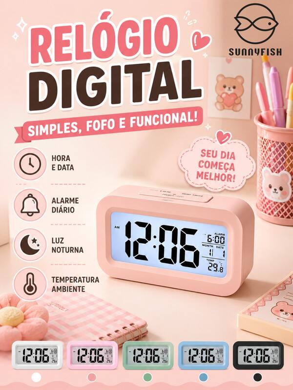 Relógio Despertador Digital com Display LCD Grande, Sensor de Luz Automático e Luz Noturna, Relógio de Mesa Multifuncional com Alarme e Medição de Temperatura para Quarto e Estudantes