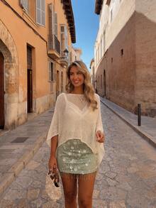 New Spring/Summer Women's Beige Loose Lightweight Sun Protection Cape Sleeve Knit Top, Suitable For Outings, Dates, Beach - Light Apricot - View 2