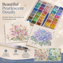 24 Color Pearl Watercolor Paint Set+Water Injectable Pen+25 Sheets Of 10 * 10cm Lace Tearable Thick Painting Paper - Advanced Flash, Rich Color Rendering, Hard Card Painting Paper, Mini Creative Painting Set - Starlight + Fountain Pen + 25mm Drawing Paper - View 11
