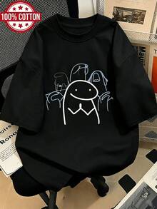Women's T-Shirt With "Flork Of Cows" Meme, 100% Cute Minimalist Line Art Print, Breathable Oversized Casual Tee,  Aesthetic Korean Streetwear - 黑色 - 查看 10