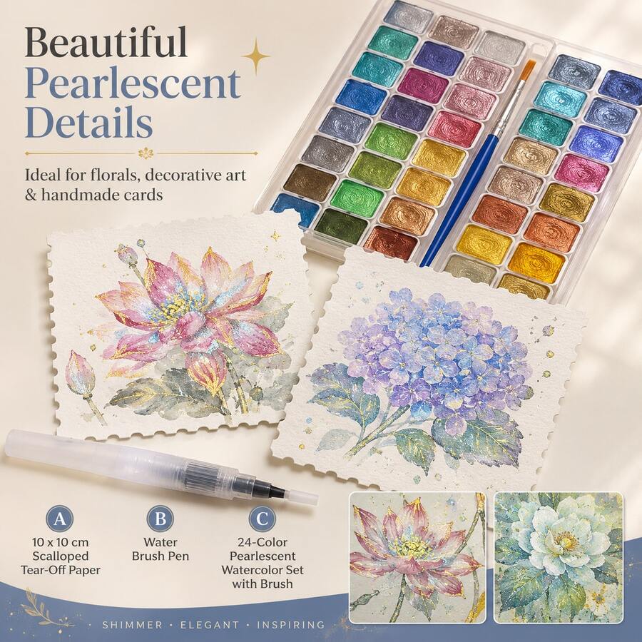 24 Color Pearl Watercolor Paint Set+Water Injectable Pen+25 Sheets Of 10 * 10cm Lace Tearable Thick Painting Paper - Advanced Flash, Rich Color Rendering, Hard Card Painting Paper, Mini Creative Painting Set - Starlight + Fountain Pen + 25mm Drawing Paper - View 1